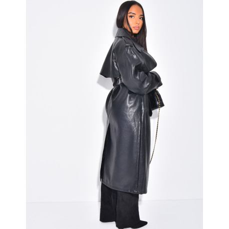 Trench en similicuir grainé à ceinture à la taille