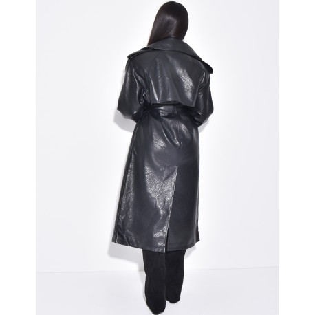 Trench en similicuir grainé à ceinture à la taille