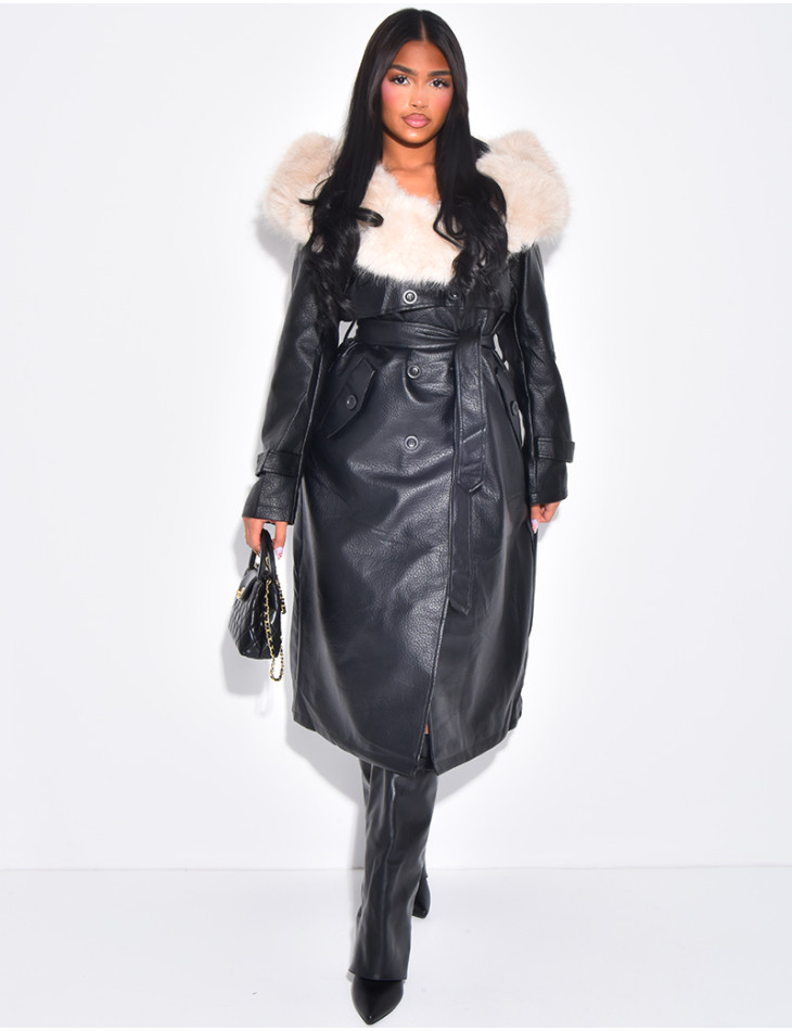 Manteau en similicuir grainé à fausse fourrure au col