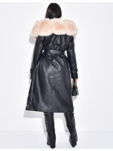 Manteau en similicuir grainé à fausse fourrure au col
