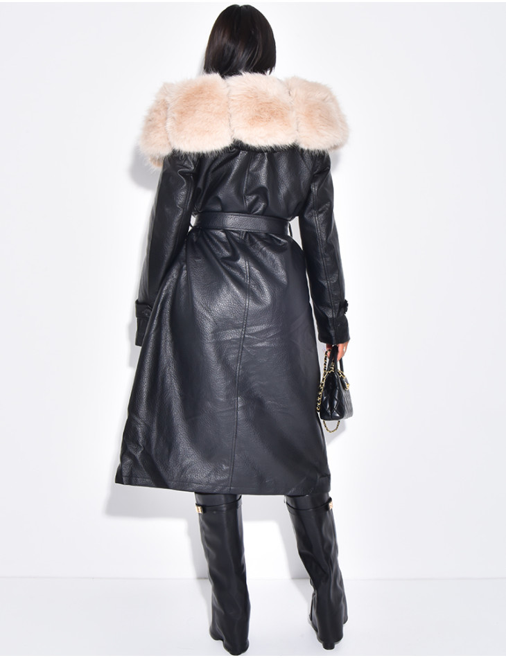 Manteau en similicuir grainé à fausse fourrure au col