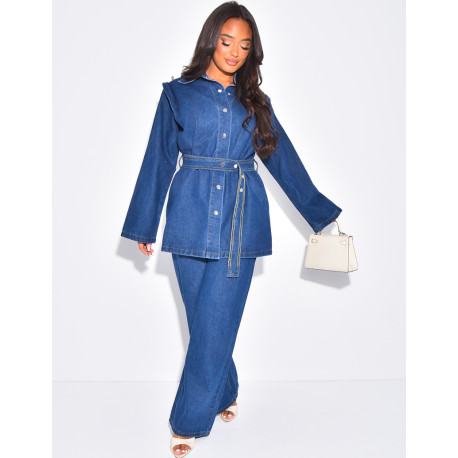 Ensemble veste en jeans oversize et pantalon à ceinture assortie