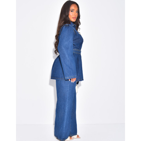 Oversized denim jacket and matching belted pants set