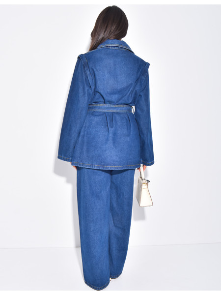 Oversized denim jacket and matching belted pants set
