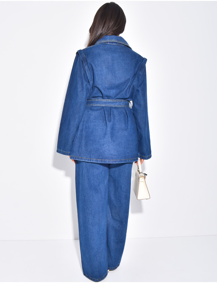 Oversized denim jacket and matching belted pants set