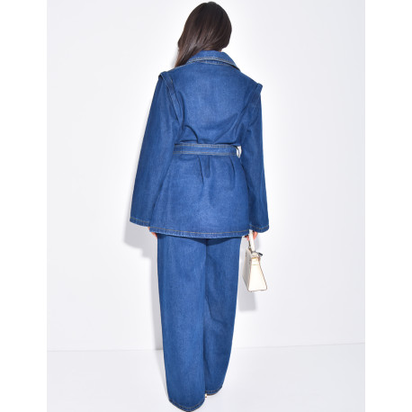 Oversized denim jacket and matching belted pants set