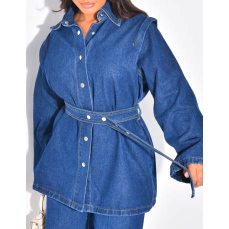 Oversized denim jacket and matching belted pants set