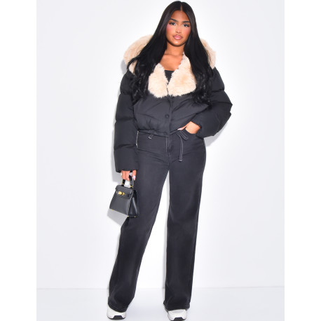 Short bomber-style quilted jacket with fur trim