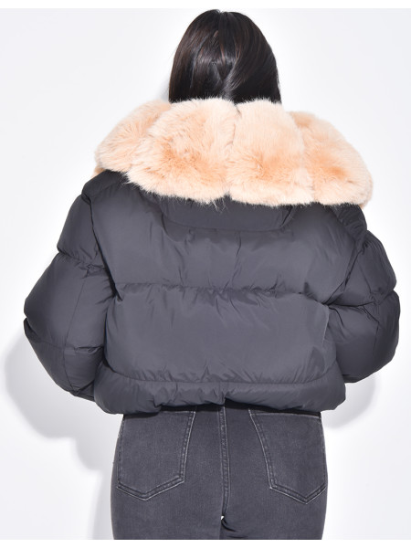 Short bomber-style quilted jacket with fur trim
