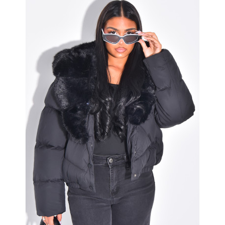 Short puffer jacket with fur trim