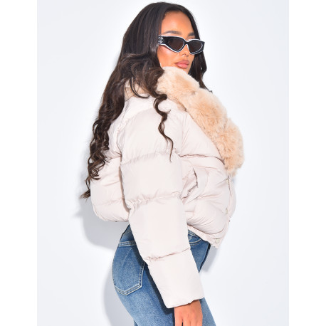 Short puffer jacket with fur trim