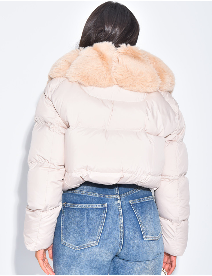 Short puffer jacket with fur trim