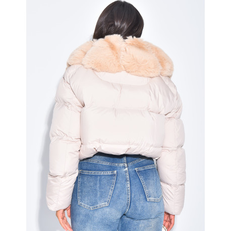 Short puffer jacket with fur trim