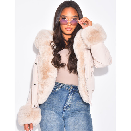 Short puffer jacket with removable fur trim