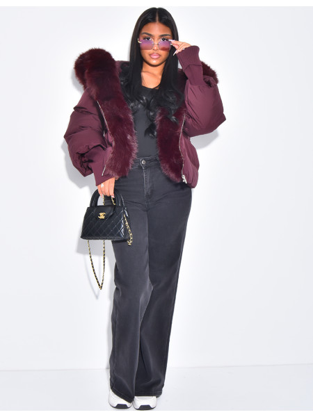 Doudoune courte et oversize matelassé à manches bords côtelées & fourrure