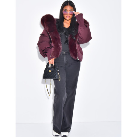 Doudoune courte et oversize matelassé à manches bords côtelées & fourrure