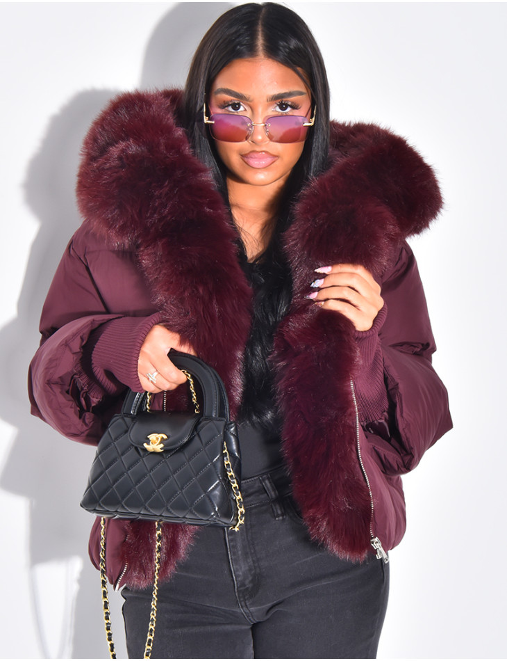 Doudoune courte et oversize matelassé à manches bords côtelées & fourrure