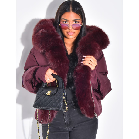 Doudoune courte et oversize matelassé à manches bords côtelées & fourrure