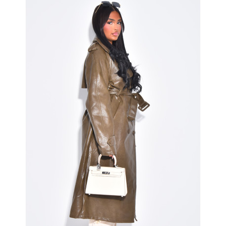 Grained faux leather trench coat with belted waist