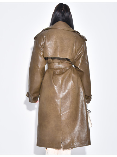 Grained faux leather trench coat with belted waist