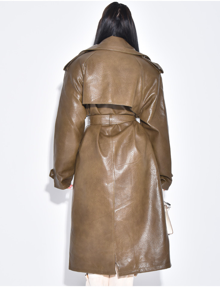Grained faux leather trench coat with belted waist