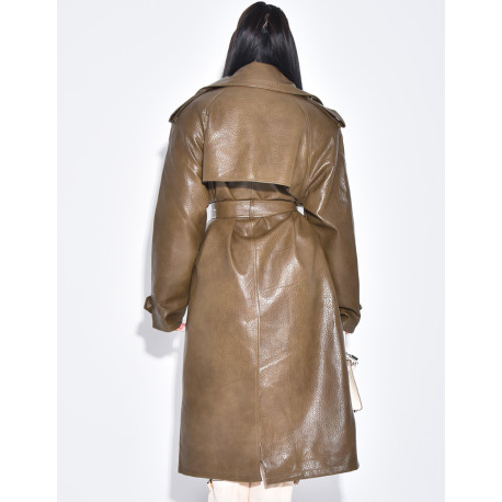 Grained faux leather trench coat with belted waist