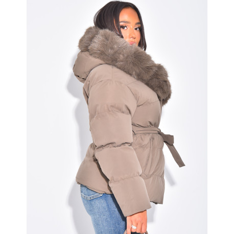 Quilted hooded jacket with fur trim and drawstring