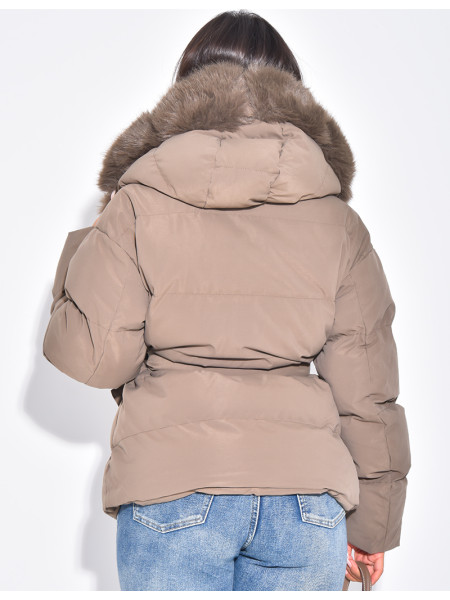 Quilted hooded jacket with fur trim and drawstring
