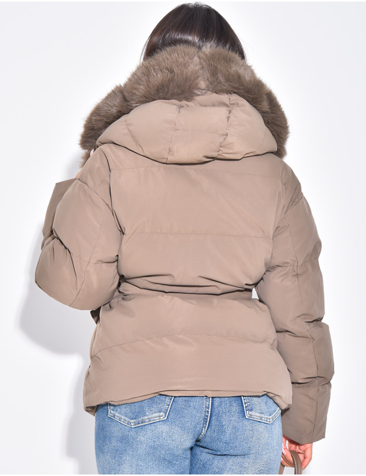 Quilted hooded jacket with fur trim and drawstring