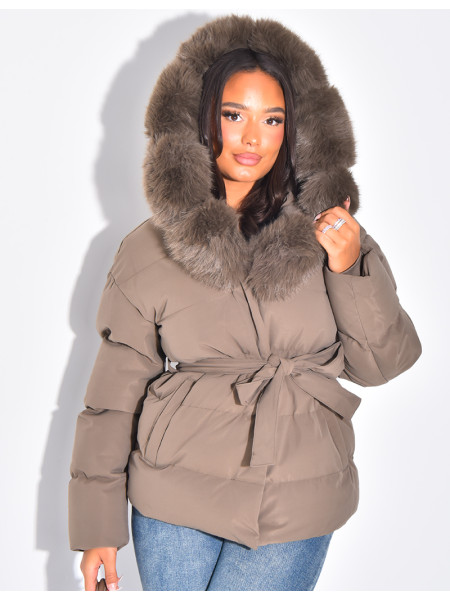 Quilted hooded jacket with fur trim and drawstring