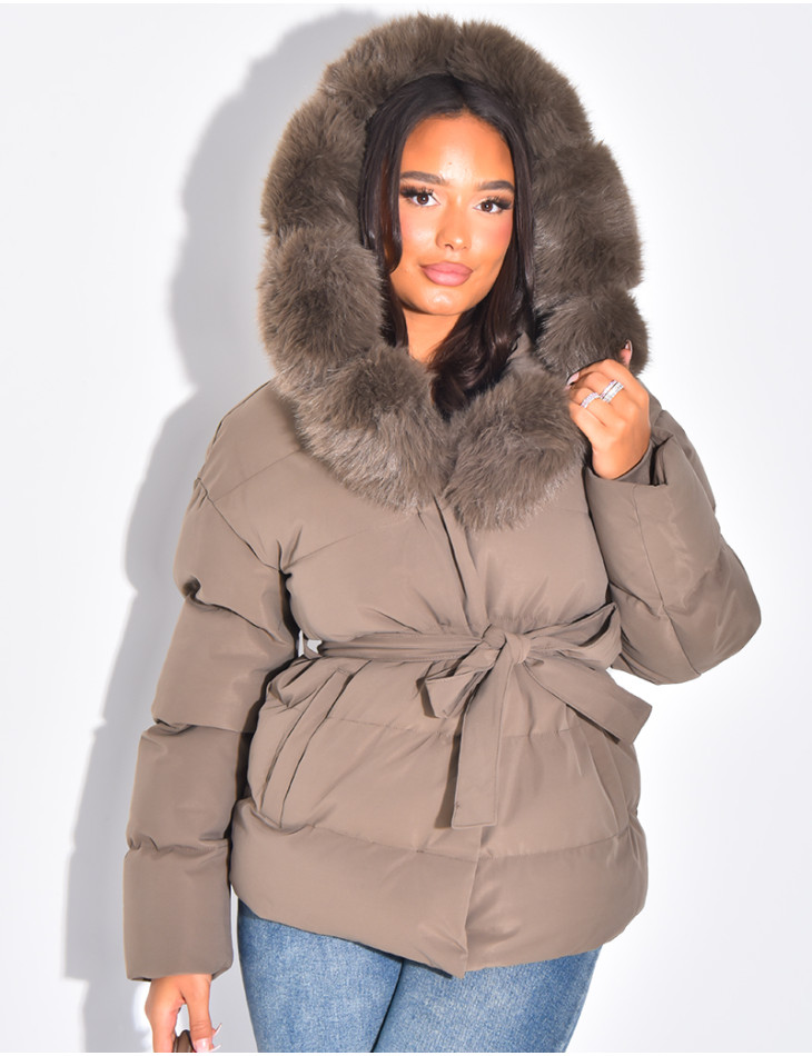 Quilted hooded jacket with fur trim and drawstring