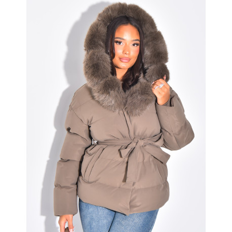 Quilted hooded jacket with fur trim and drawstring