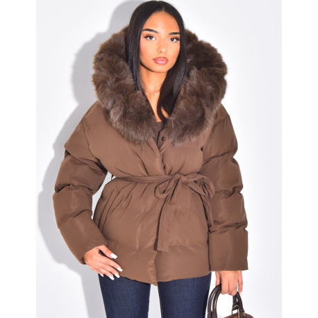Short bomber-style quilted jacket with fur trim
