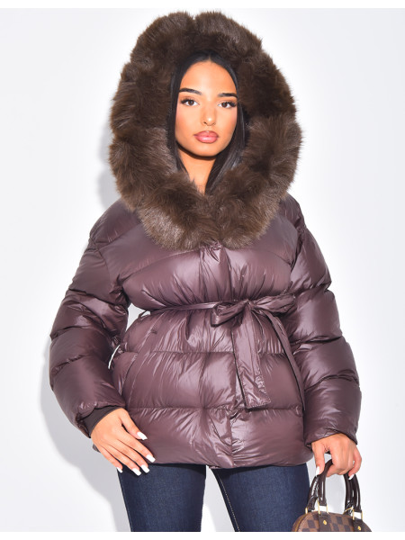 Short bomber-style quilted jacket with fur trim