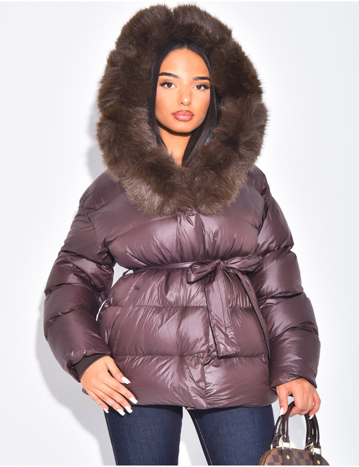 Short bomber-style quilted jacket with fur trim