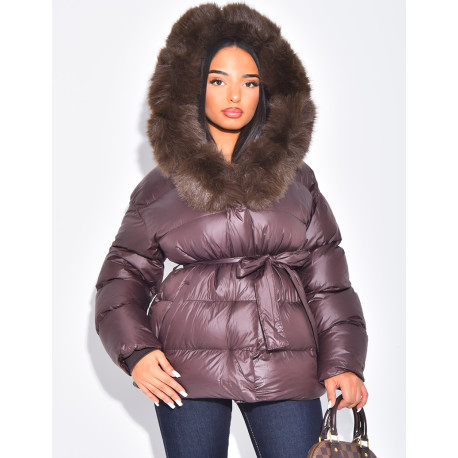 Short bomber-style quilted jacket with fur trim