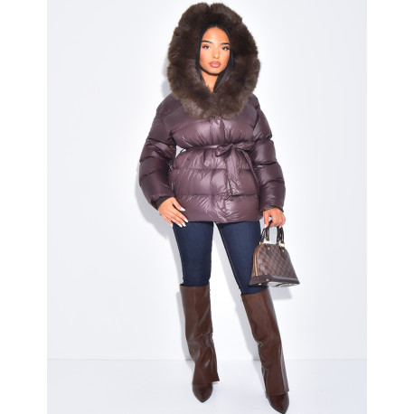 Short bomber-style quilted jacket with fur trim