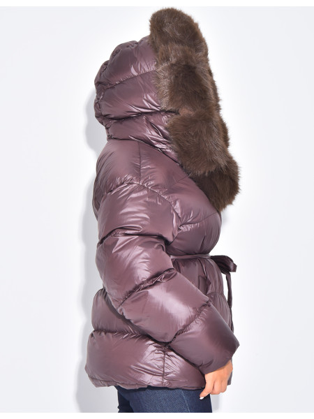 Short bomber-style quilted jacket with fur trim