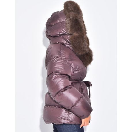 Short bomber-style quilted jacket with fur trim