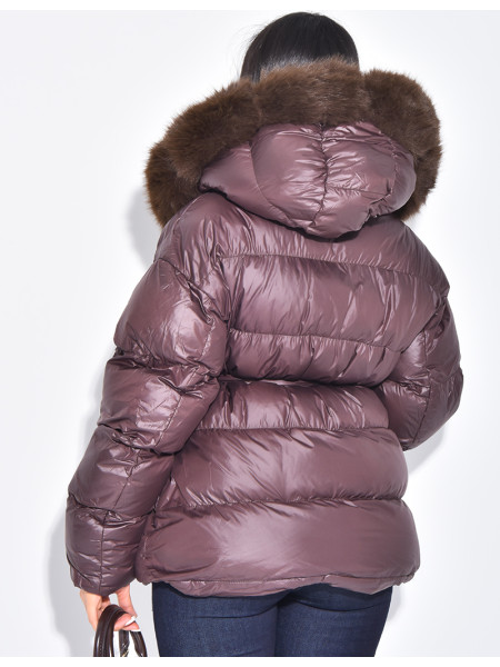 Short bomber-style quilted jacket with fur trim