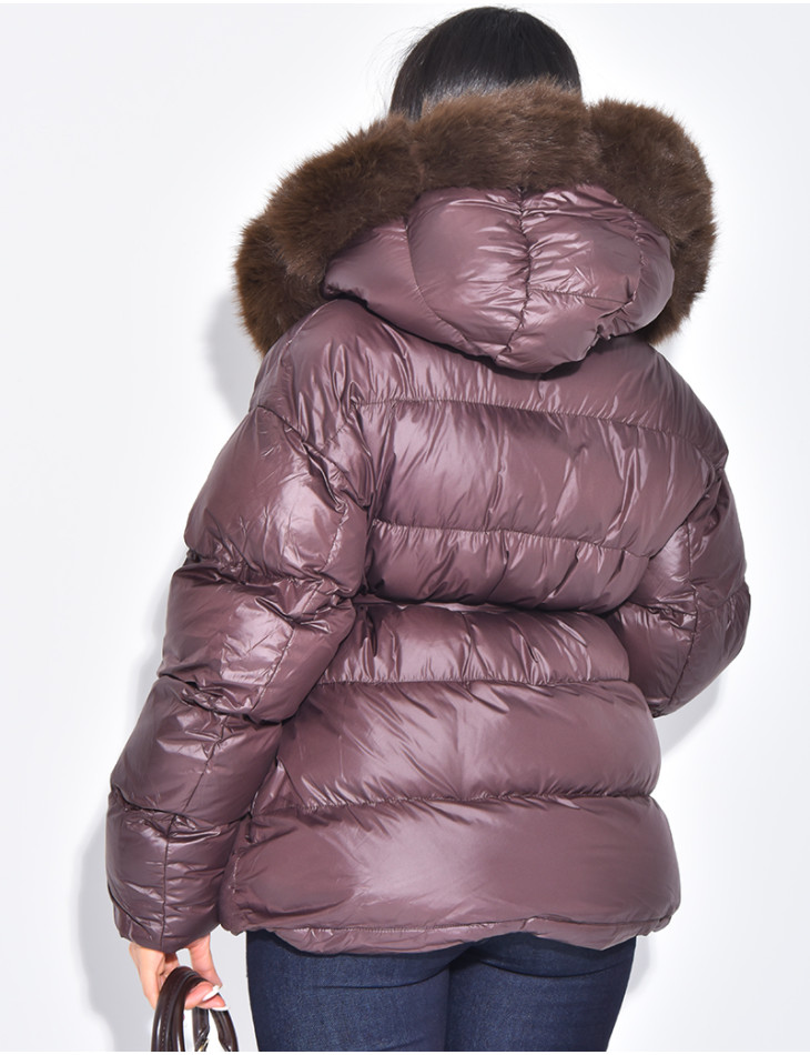 Short bomber-style quilted jacket with fur trim