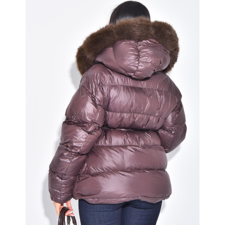 Short bomber-style quilted jacket with fur trim