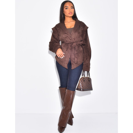 Structured suede-effect jacket with tie fastening