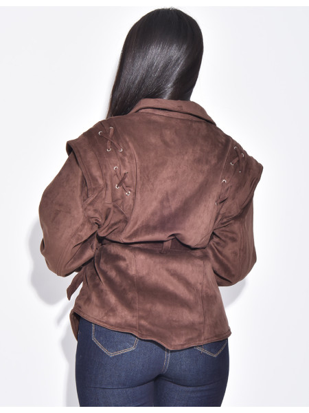 Structured suede-effect jacket with tie fastening