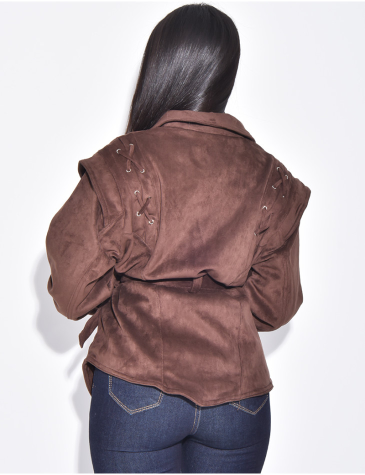 Structured suede-effect jacket with tie fastening