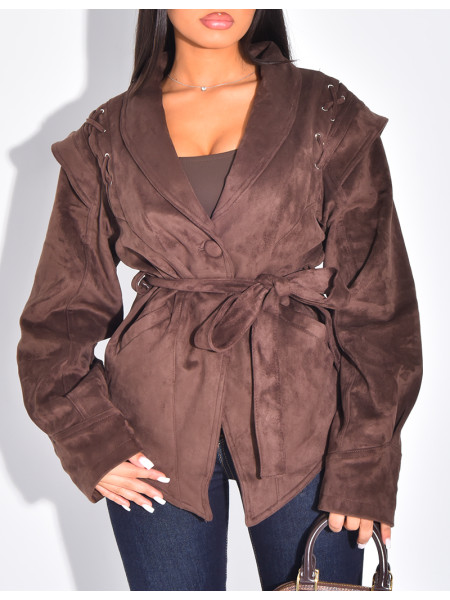 Structured suede-effect jacket with tie fastening