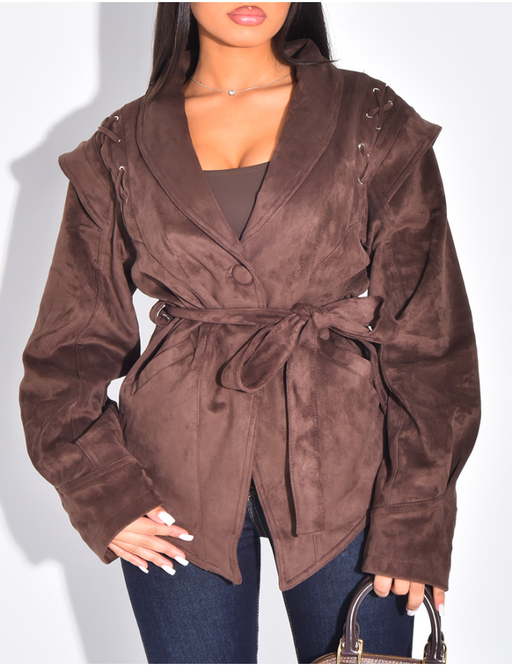 Structured suede-effect jacket with tie fastening