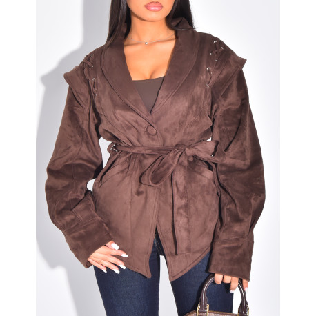 Structured suede-effect jacket with tie fastening