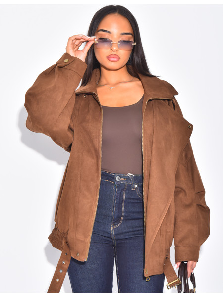 Oversize-Bomberjacke in Wildlederoptik aus Wildlederimitat