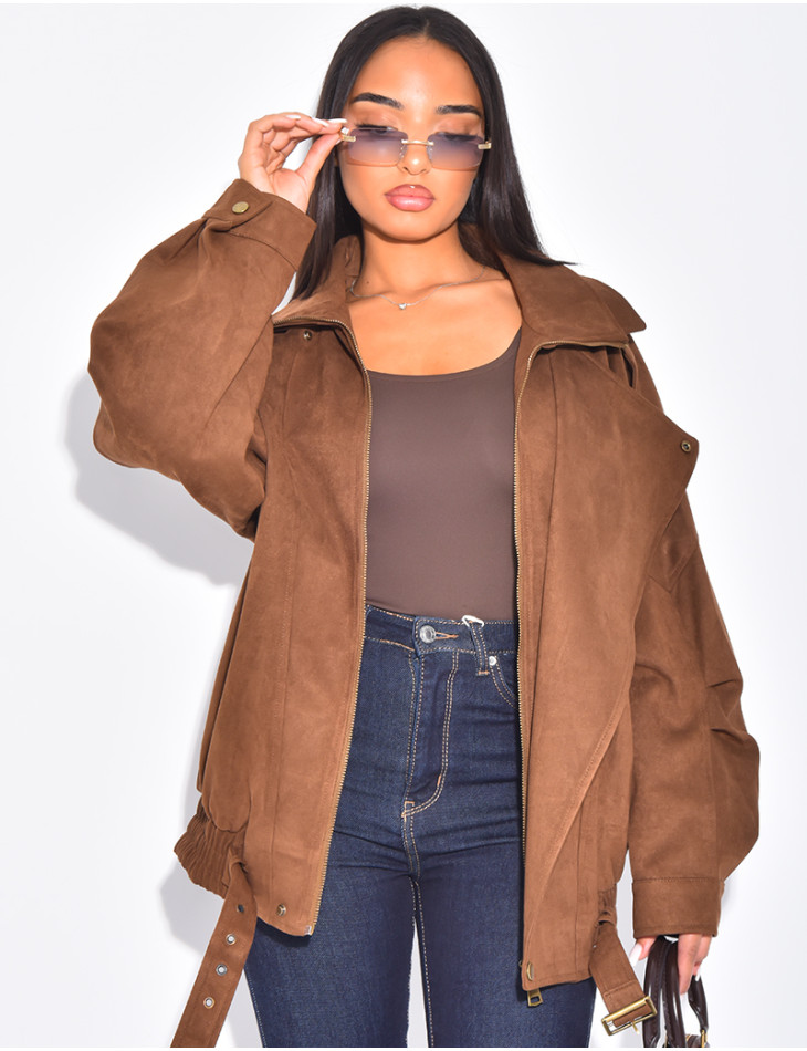 Oversize-Bomberjacke in Wildlederoptik aus Wildlederimitat